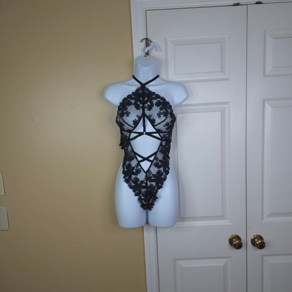 Victoria's Secret Black Lace Strappy Cutout Teddy Bodysuit Size M